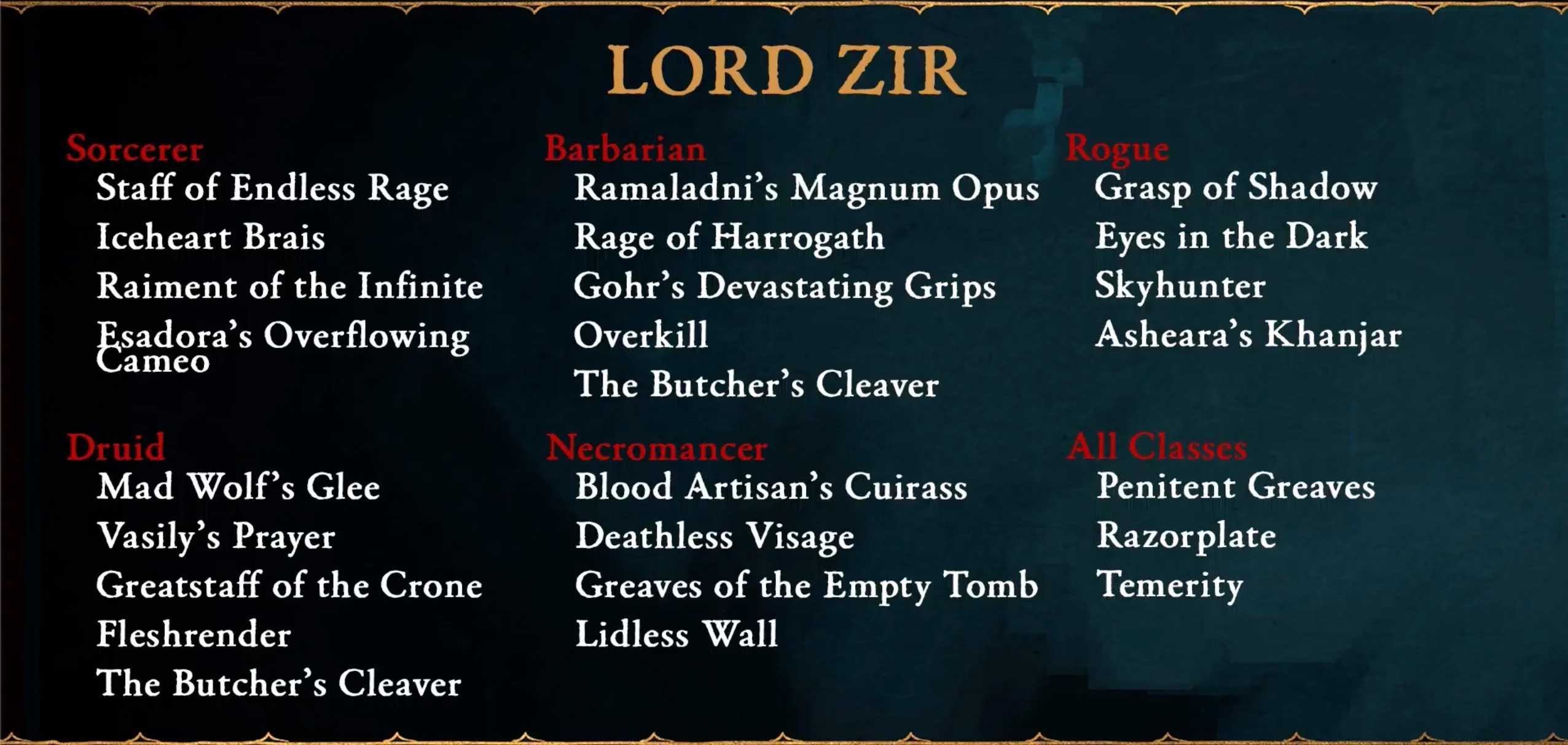 Diablo 4 Lord Zir Unique Table