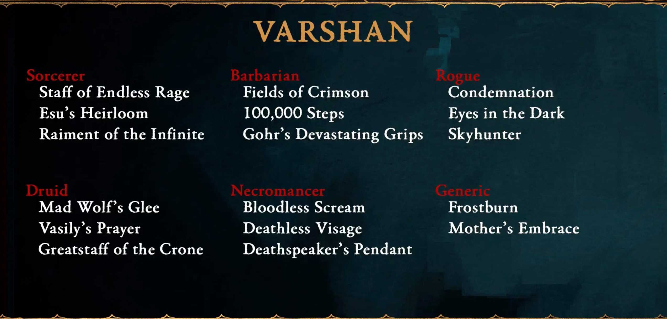 Diablo 4 Varshan Unique Table