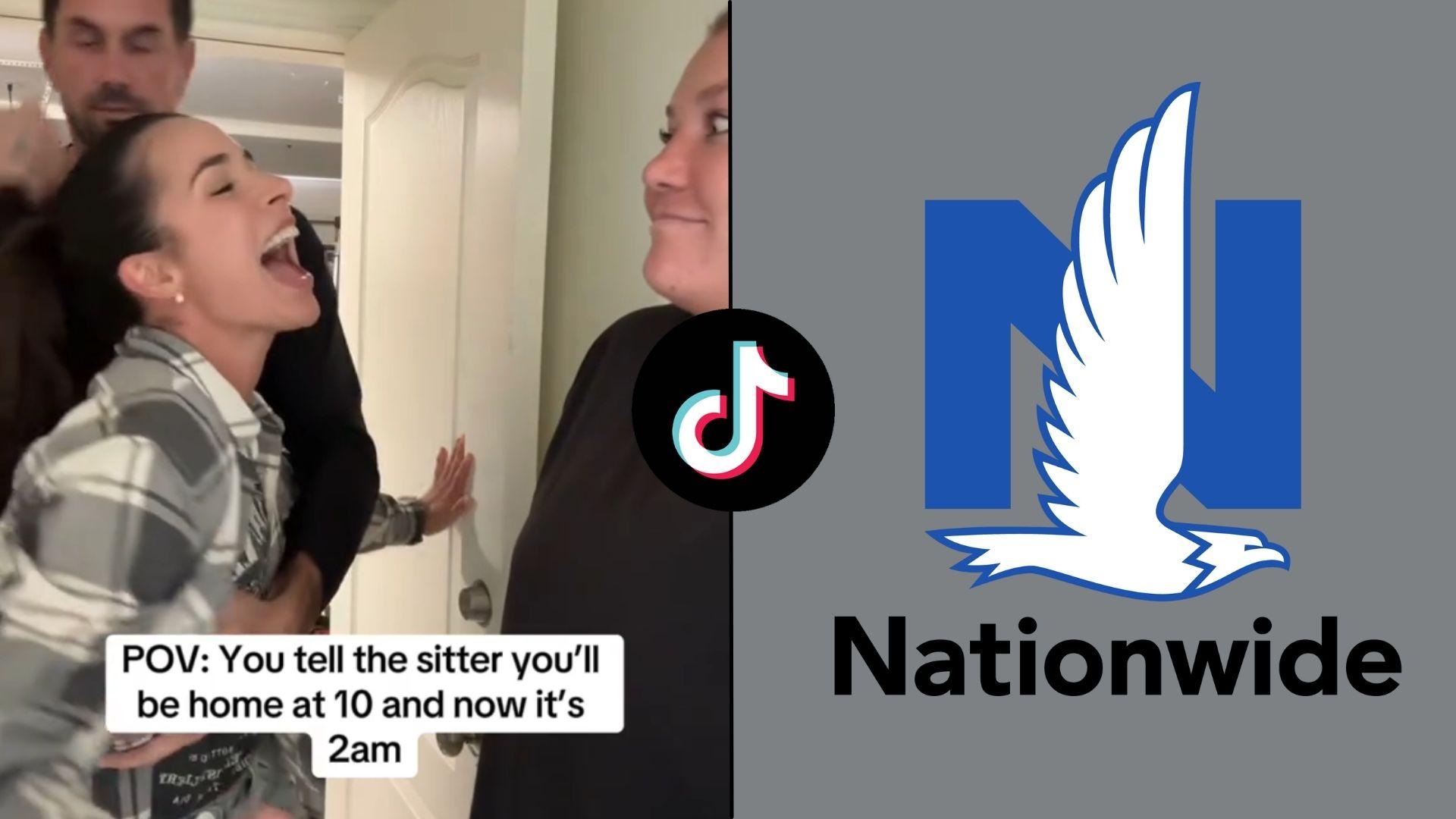 Woman singing while being held back side-by-side with TikTok and Nationwide logo